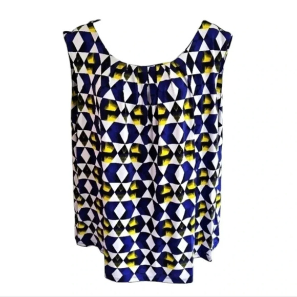 Calvin Klein 2X Blue White Sleeveless Geometric Artsy Career MOD Preppy Blouse - Picture 2 of 9